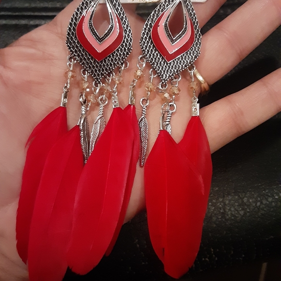 Earrings Vintage feather long tassel/ Native American  style. Red - Picture 2 of 2